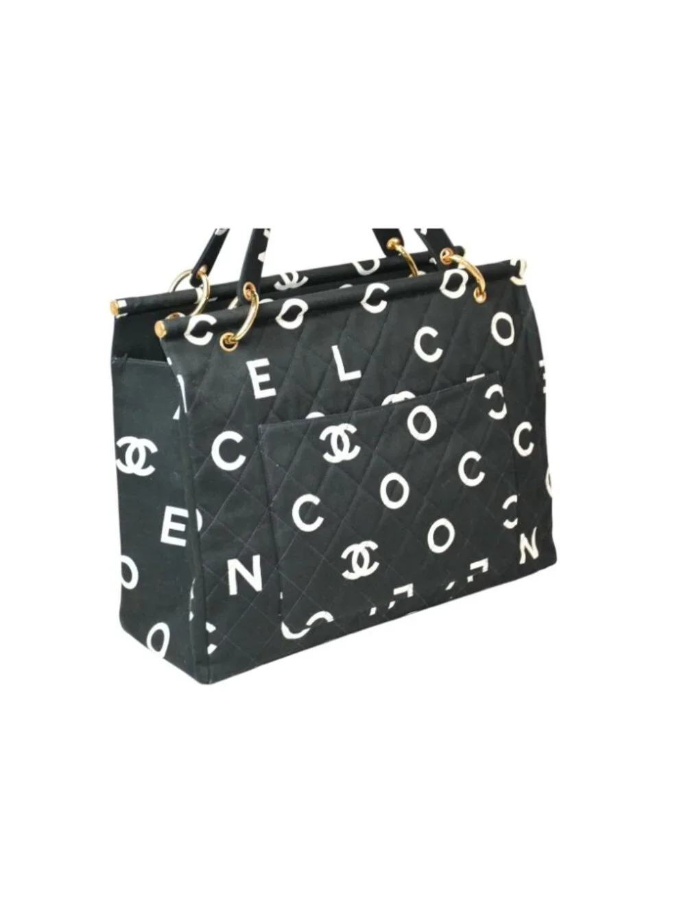 Chanel Handbag Quilted Black White Cotton Canvas Gold